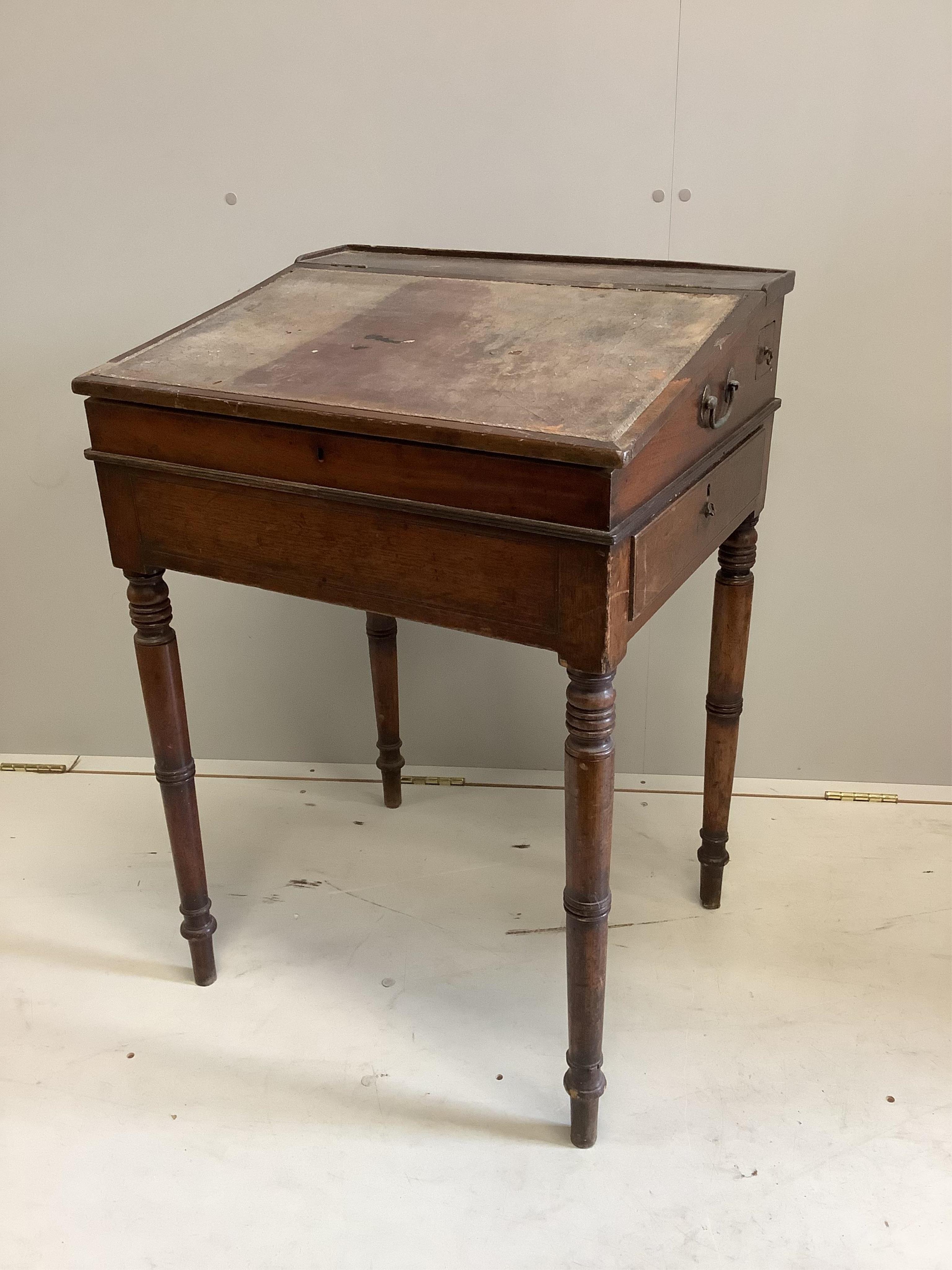 A Regency mahogany writing desk, width 58cm, depth 49cm, height 84cm. Condition - poor